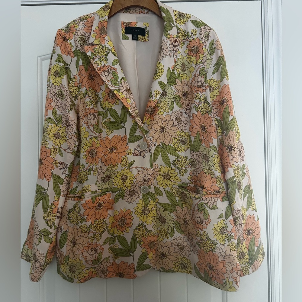 Gorgeous Zinnia Cupro JCrew Parker Floral Blazer with Green and Orange Accents.